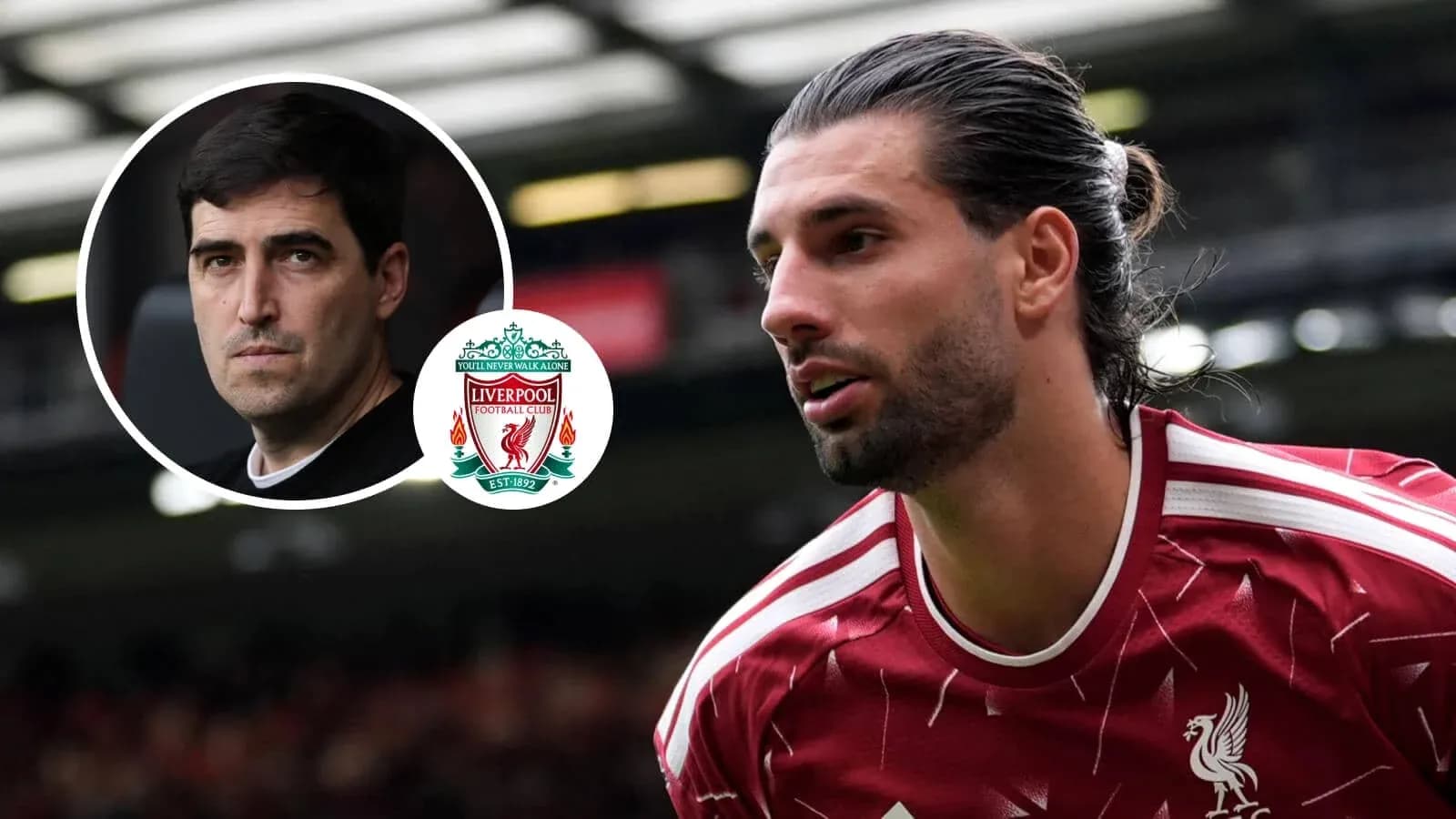 Player in Liverpool kit with club logo and coach