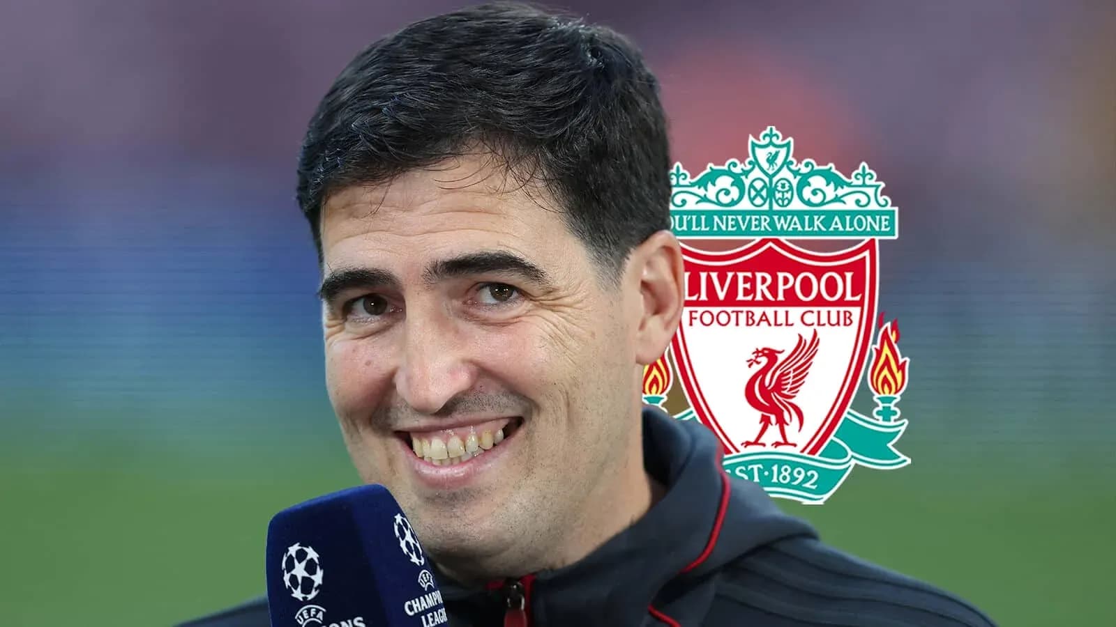 Sport commentator smiling with Liverpool logo background Sport commentator smiling with Liverpool logo background