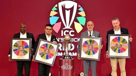Four officials holding awards at ICC World Cup event Four officials holding awards at ICC World Cup event