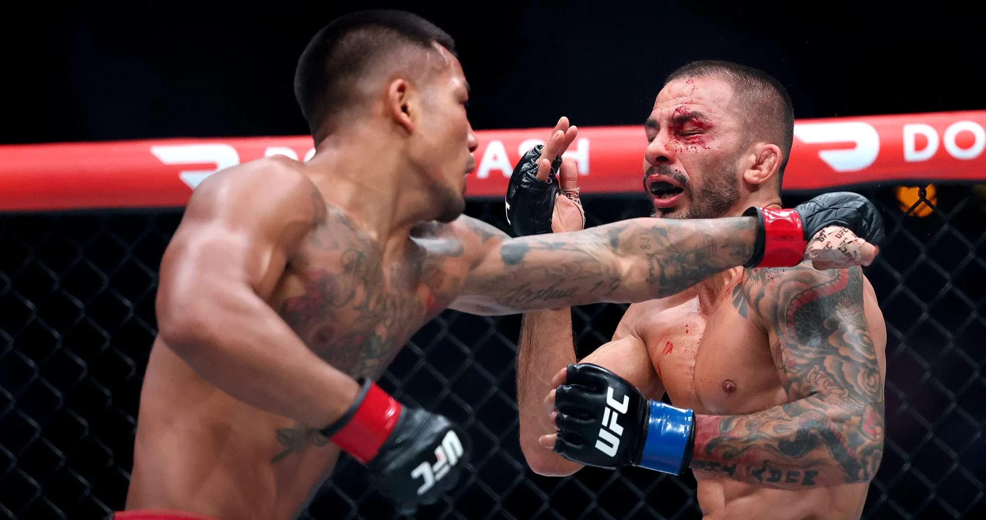 Fighter delivering a punch in the octagon Fighter delivering a punch in the octagon