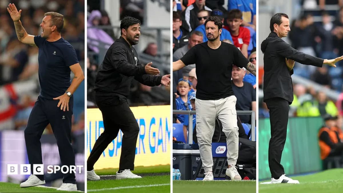 Four football managers coaching on the sidelines Four football managers coaching on the sidelines