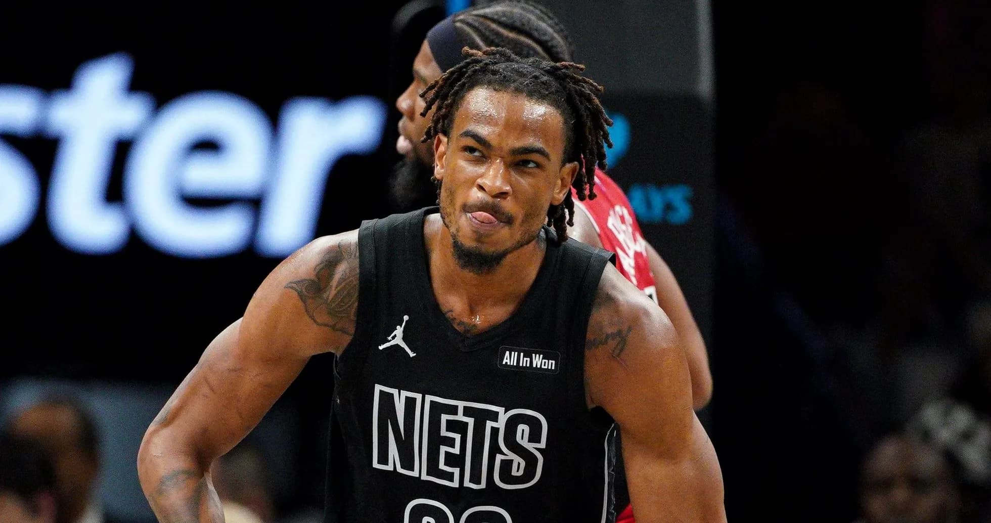 Player celebrating during Brooklyn Nets game action Player celebrating during Brooklyn Nets game action