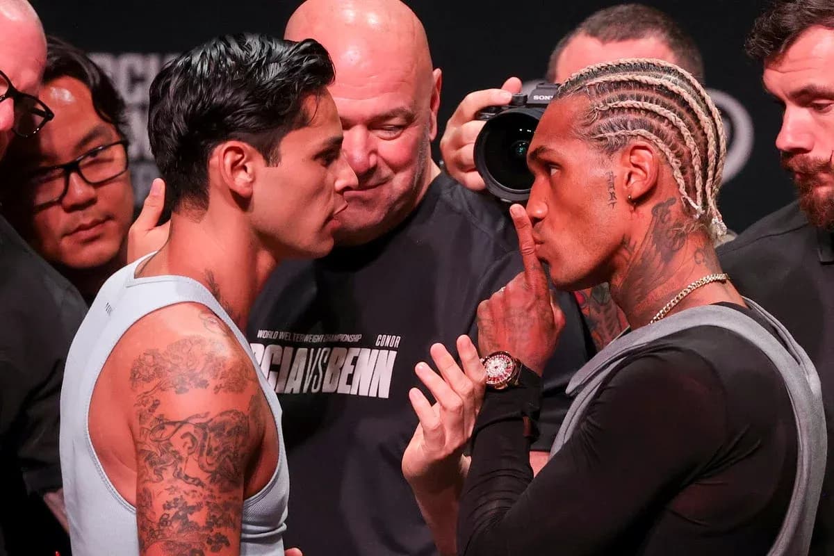 Two fighters face off during weigh-in event Two fighters face off during weigh-in event