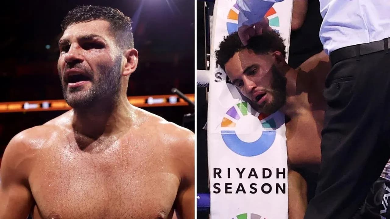 Boxers in ring after a match, one injured Boxers in ring after a match, one injured