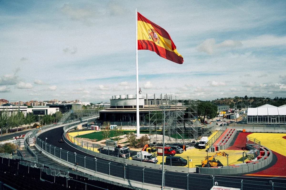 Spanish flag flying at racetrack under construction Spanish flag flying at racetrack under construction