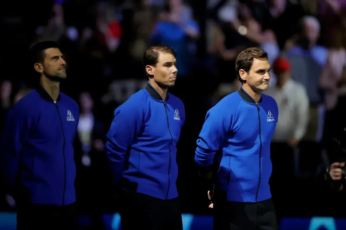 Novak Djokovic, Rafael Nadal, and Roger Federer in blue jackets Novak Djokovic, Rafael Nadal, and Roger Federer in blue jackets