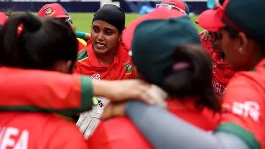 Bangladesh women's team huddled during strategy discussion Bangladesh women's team huddled during strategy discussion