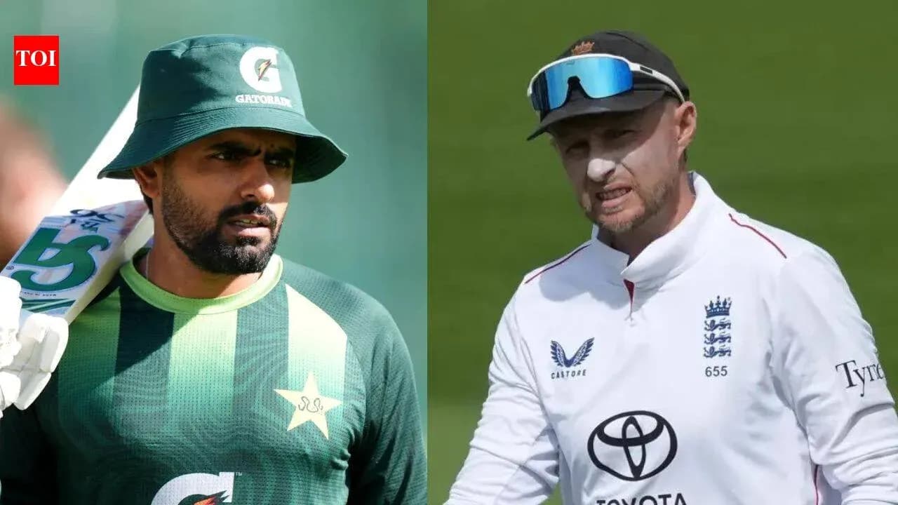 Two cricketers from Pakistan and England in action Two cricketers from Pakistan and England in action