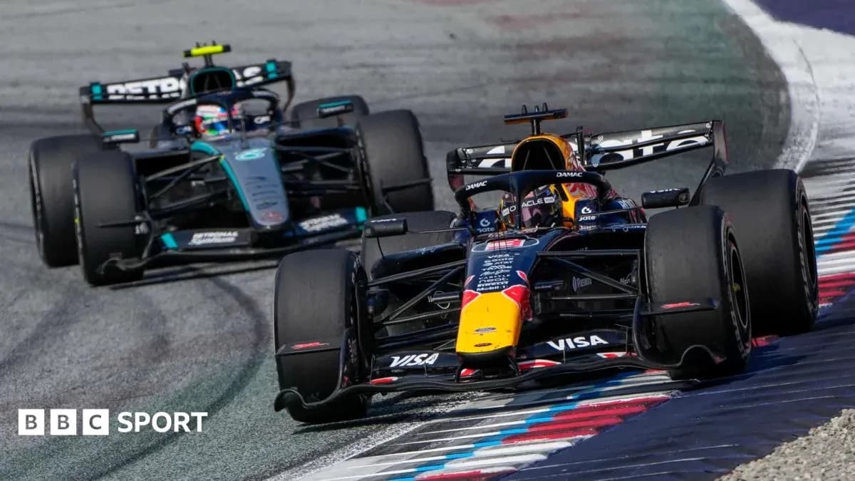 Red Bull and Mercedes cars racing on track Red Bull and Mercedes cars racing on track