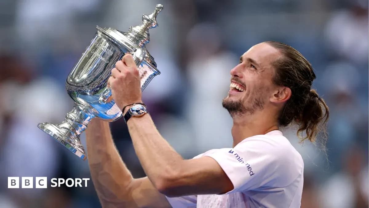 Player celebrating with US Open trophy in hand Player celebrating with US Open trophy in hand