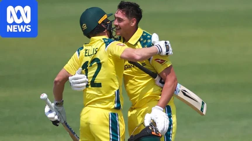 Two Australian cricketers celebrating a run Two Australian cricketers celebrating a run