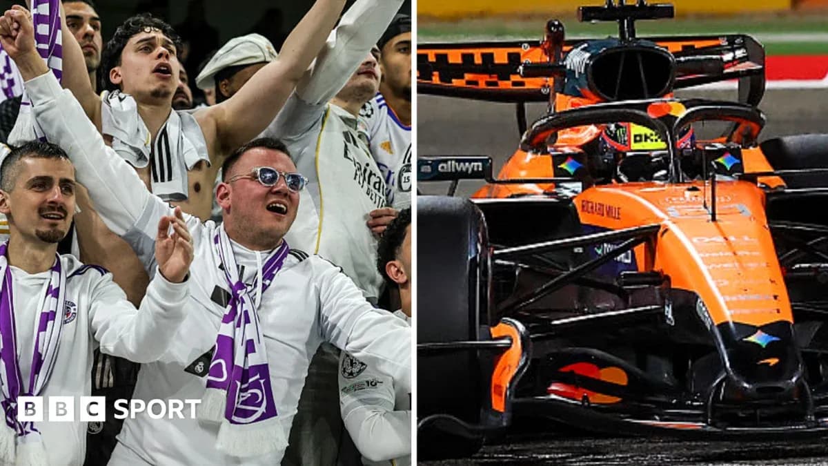 Fans cheering on the left, McLaren F1 car on right Fans cheering on the left, McLaren F1 car on right