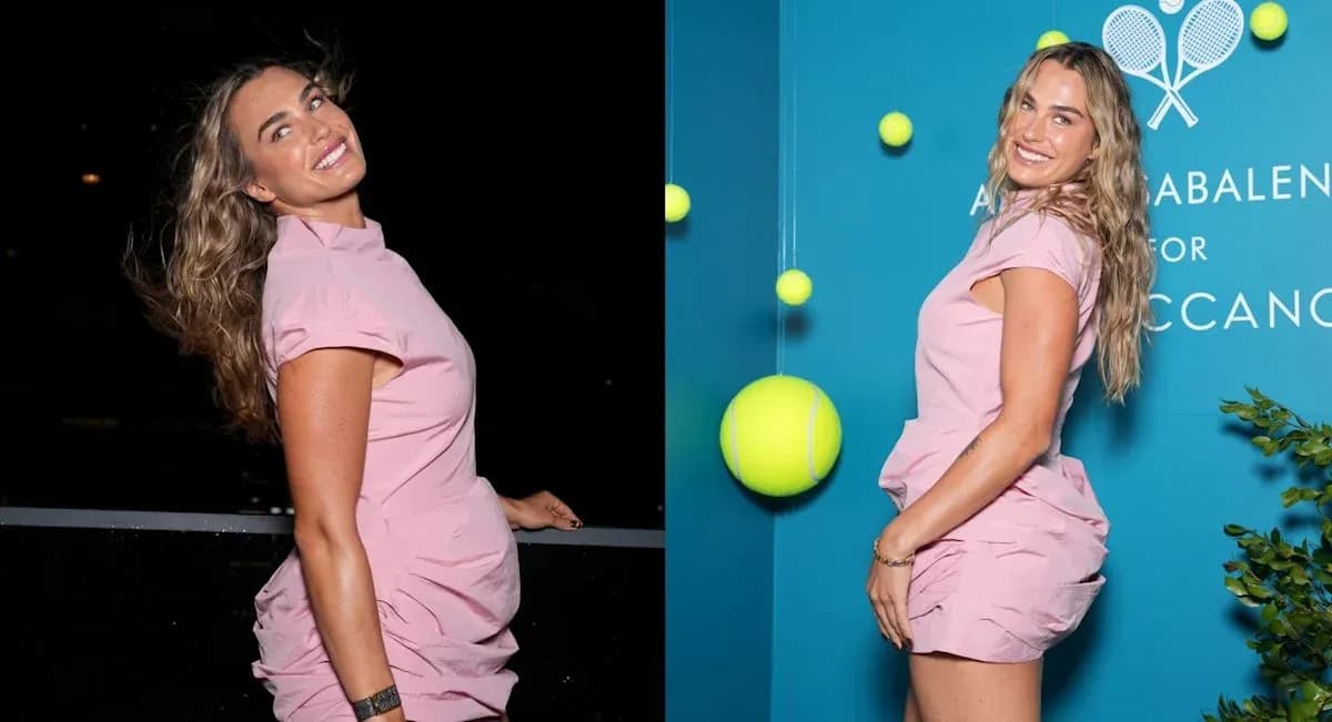 Woman in pink dress posing with tennis decorations Woman in pink dress posing with tennis decorations