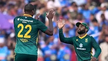 South African players celebrating a wicket during match South African players celebrating a wicket during match