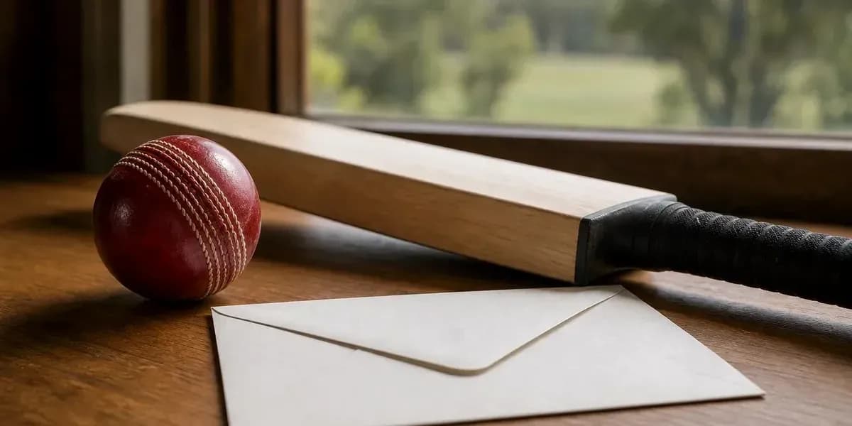 Cricket bat, ball, and envelope on wooden table Cricket bat, ball, and envelope on wooden table
