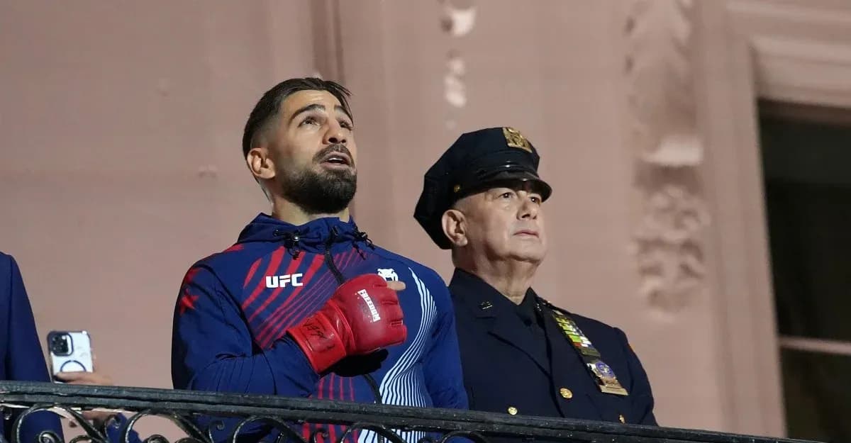 UFC fighter and police officer during national anthem UFC fighter and police officer during national anthem