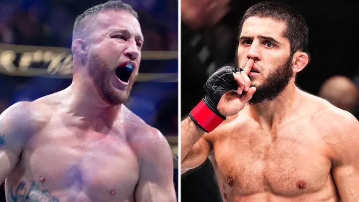 Two MMA fighters, one celebrating and one gesturing silence Two MMA fighters, one celebrating and one gesturing silence