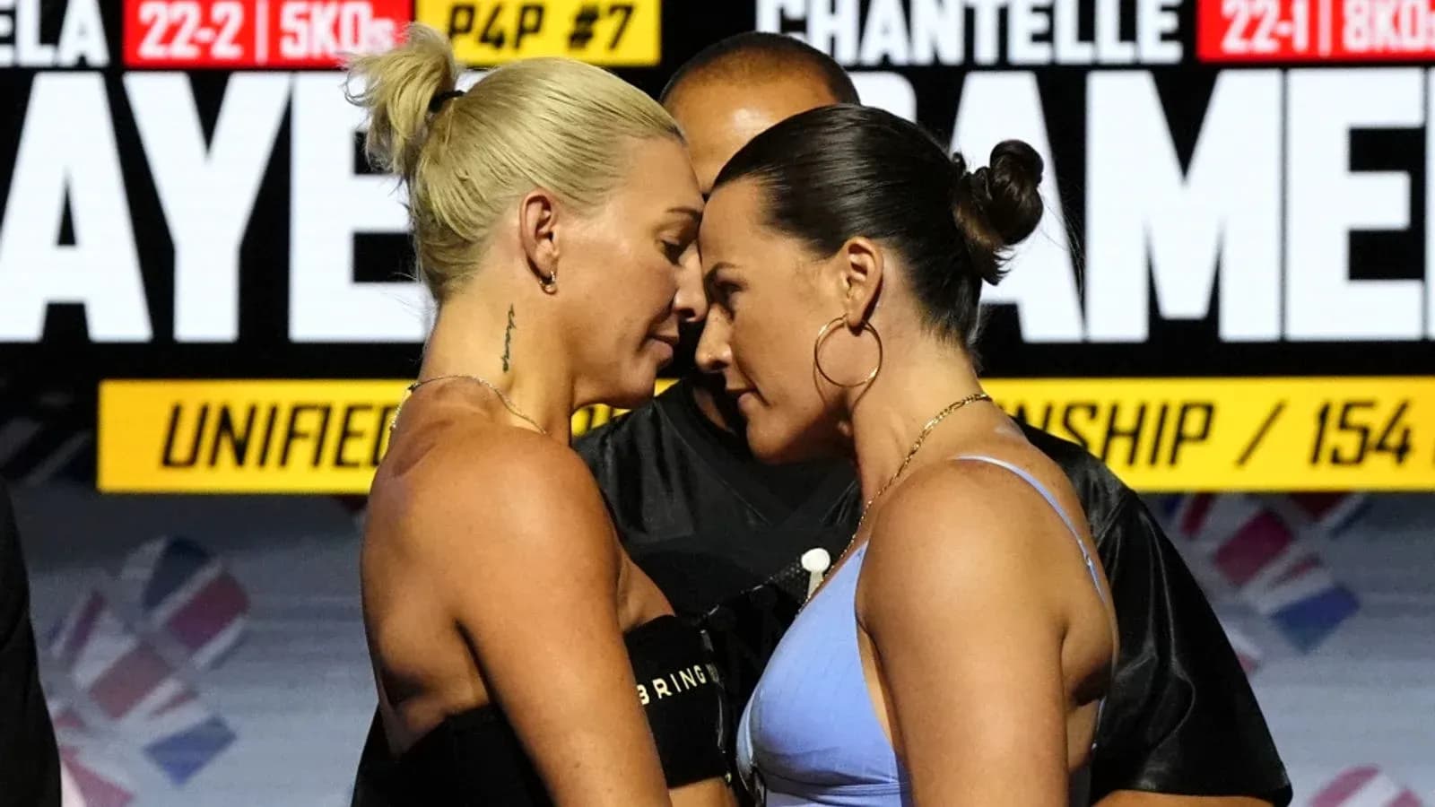 Two boxers facing off during pre-fight weigh-in Two boxers facing off during pre-fight weigh-in