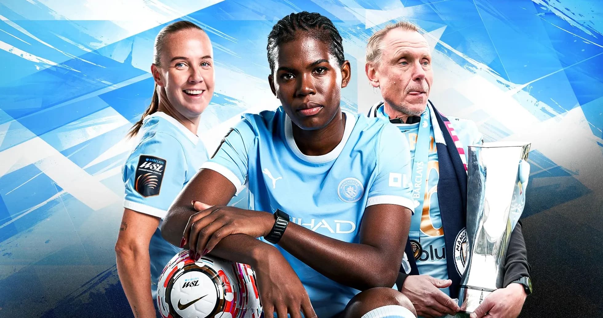 Three Manchester City players with trophy and soccer ball Three Manchester City players with trophy and soccer ball