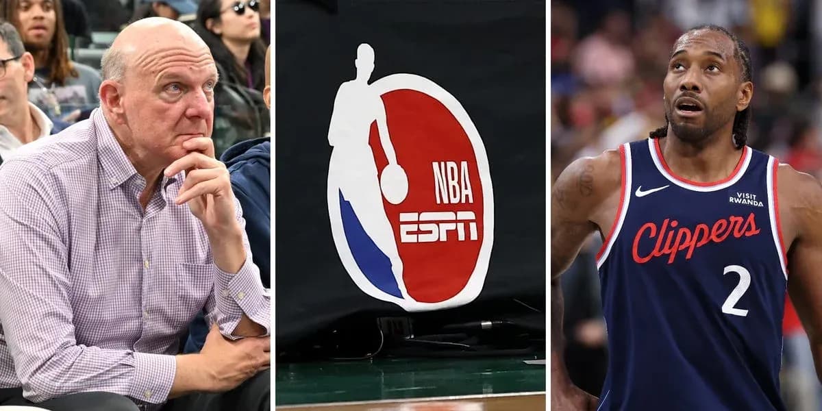 Collage of NBA scenes including players and logo Collage of NBA scenes including players and logo