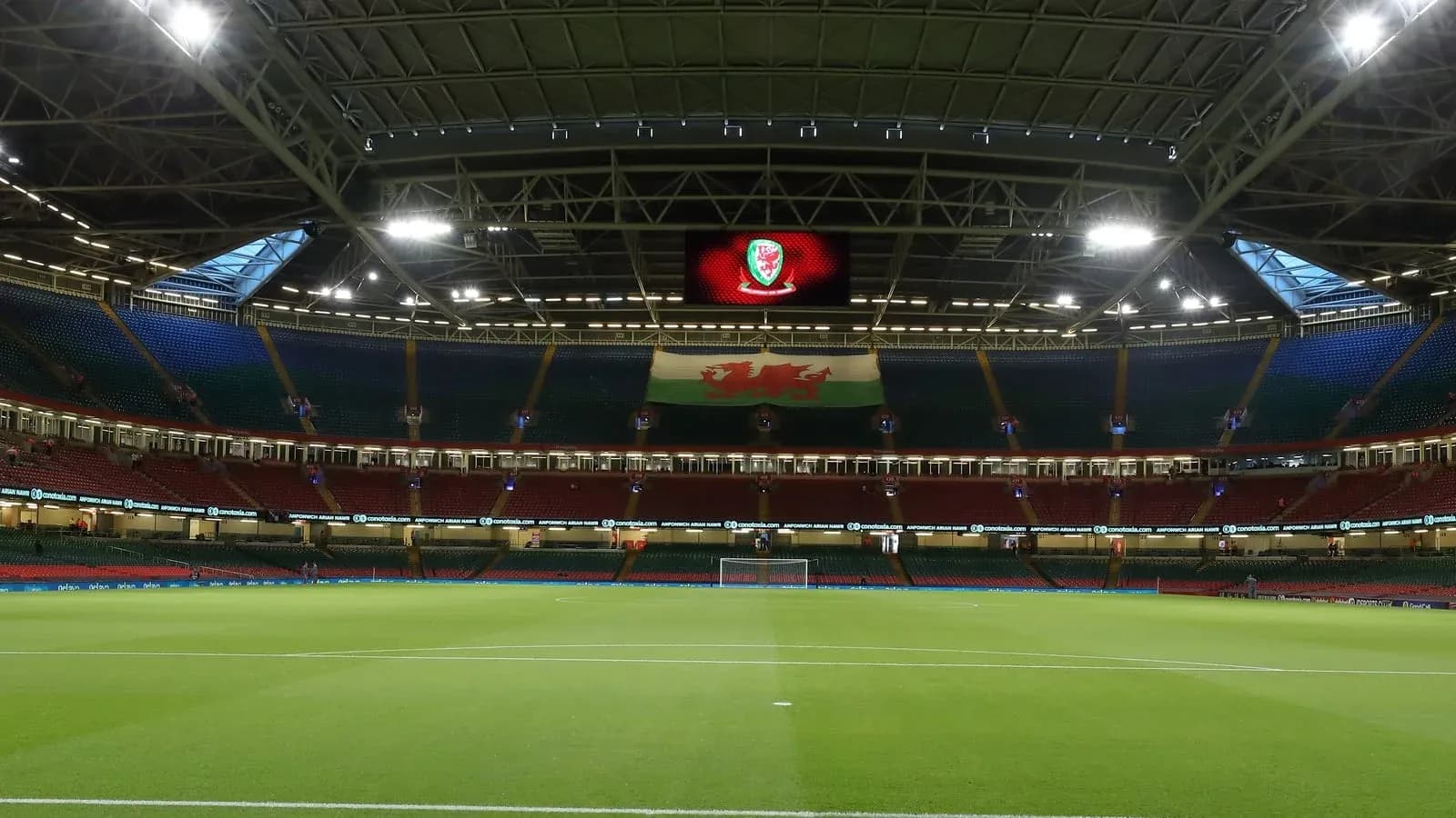 Interior view of stadium with Welsh flag displayed Interior view of stadium with Welsh flag displayed