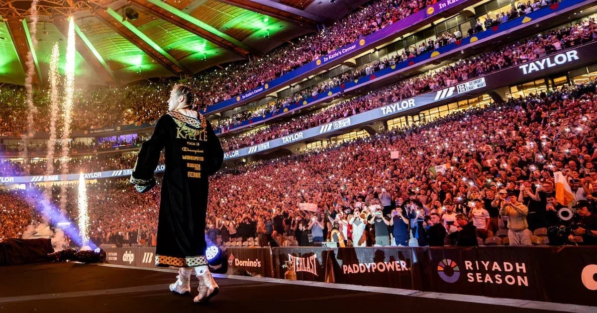 Boxer entering arena with fireworks and crowd cheering Boxer entering arena with fireworks and crowd cheering