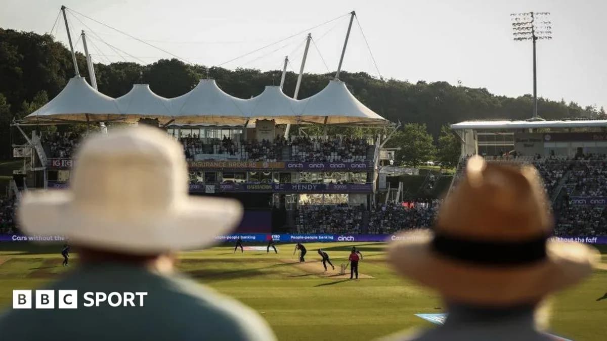 Cricket match with spectators in foreground Cricket match with spectators in foreground
