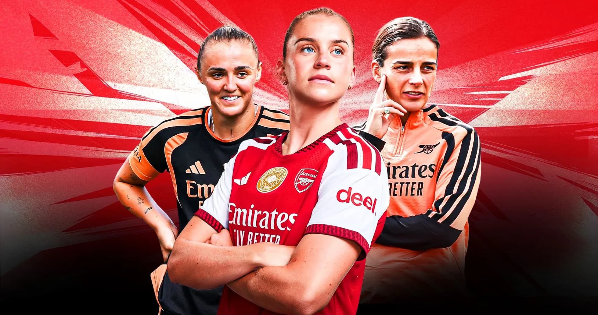 Three Arsenal women players posing for promotional image Three Arsenal women players posing for promotional image